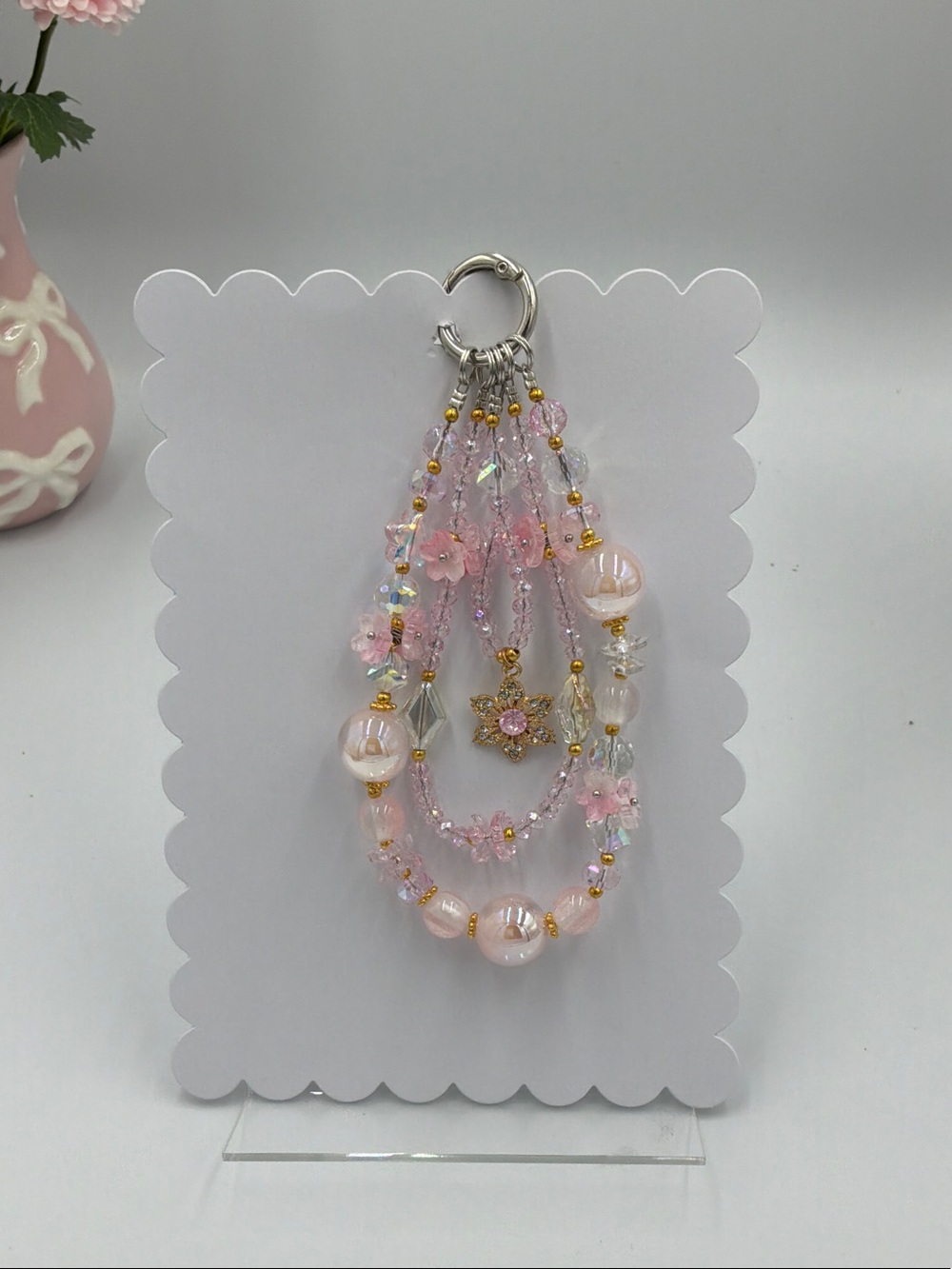 Delicate Pink Beaded Multi-Strand Gold Star Charm